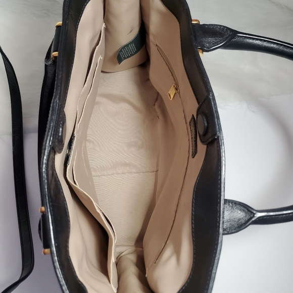 Lauren by Ralph Lauren Black Leather Satchel Tote Bag, Side Zippers to Expand - Picture 8 of 10